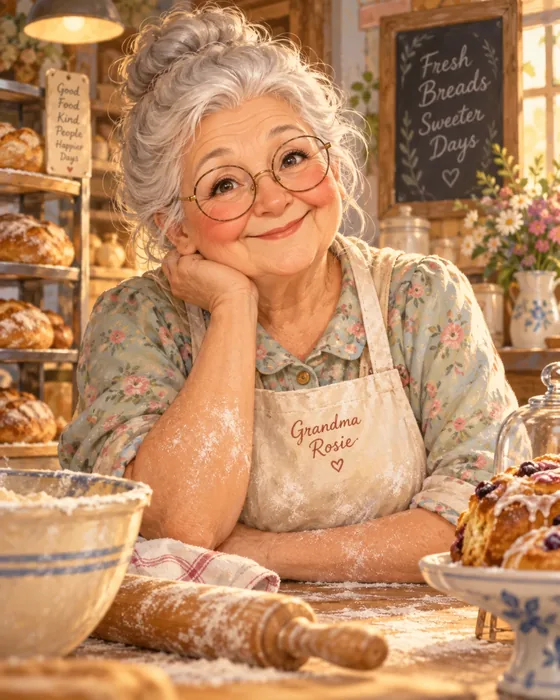 Grandma Rosie, smiling at her bakery counter