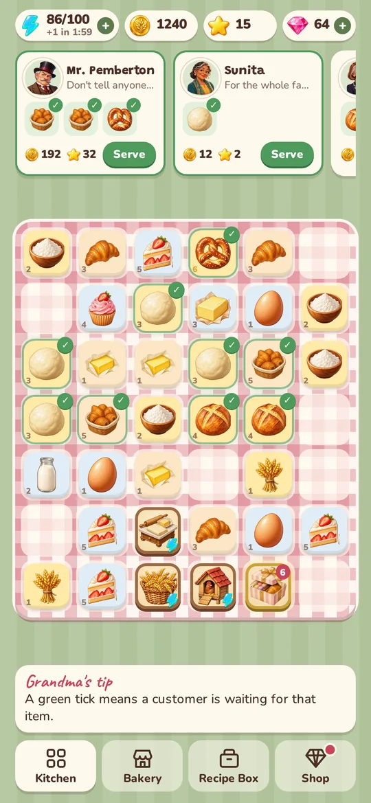The kitchen table: croissants, pretzels and cakes on a pink gingham board, with customers' orders above